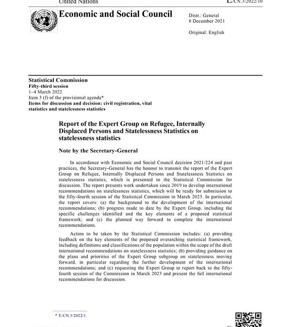Report of the Expert Group on Refugee, Internally Displaced Persons and Statelessness Statistics on statelessness statistics