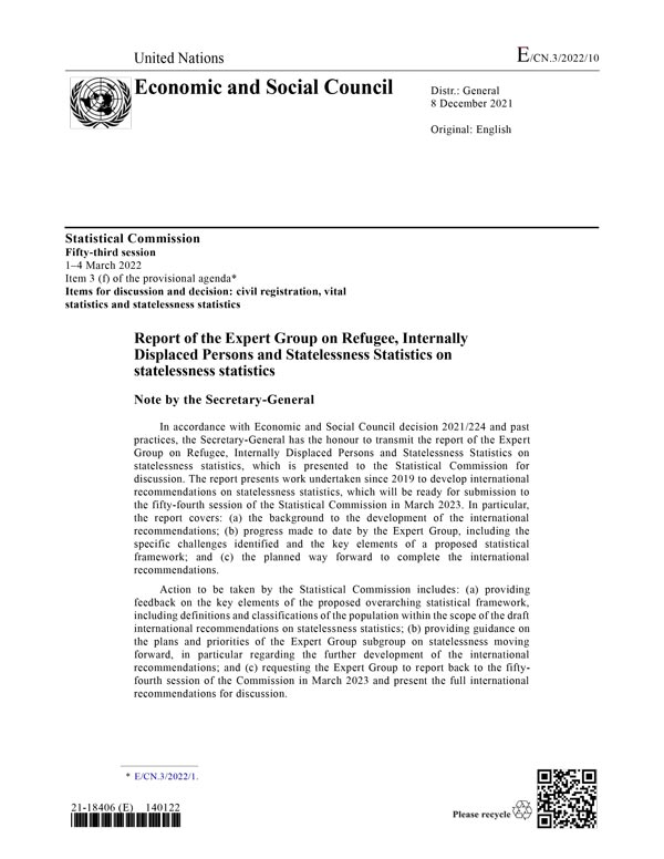 Report of the Expert Group on Refugee, Internally Displaced Persons and Statelessness Statistics on statelessness statistics
