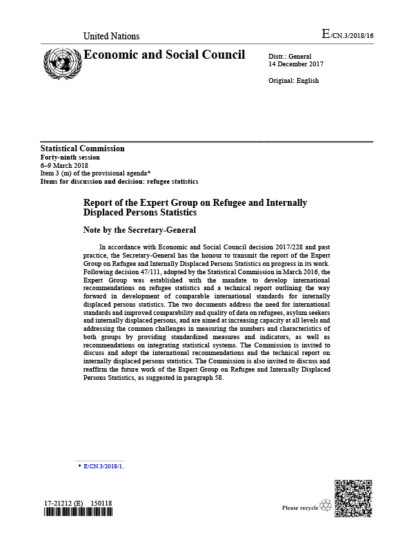 Report of the Expert Group on Refugee and Internally Displaced Persons Statistics (2018)