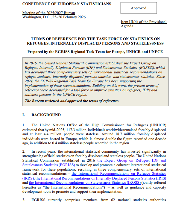 Conference of European Statisticians – Terms of Reference for the Task Force on Statistics on Refugees, Internally Displaced Persons, and Statelessness