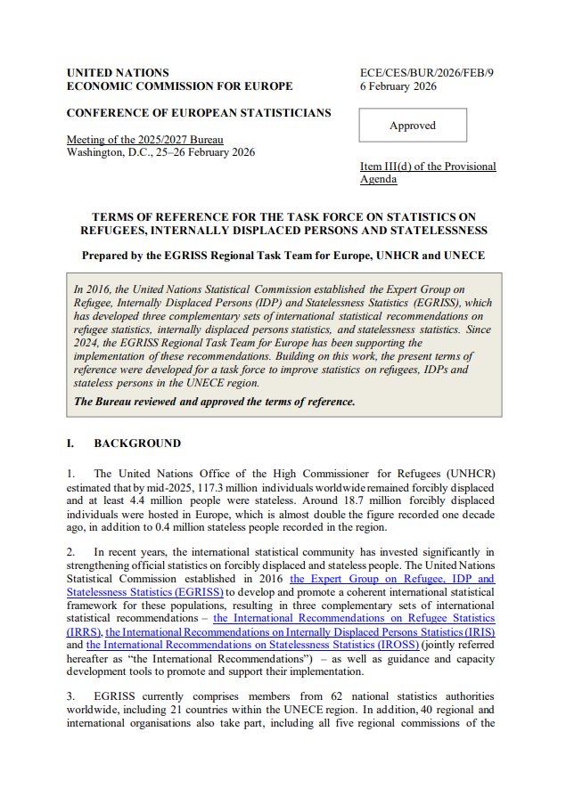 Conference of European Statisticians – Terms of Reference for the Task Force on Statistics on Refugees, Internally Displaced Persons, and Statelessness
