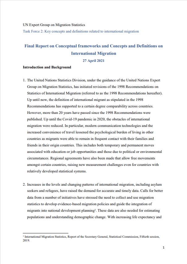 Final Report on Conceptual frameworks and Concepts and Definitions on International Migration